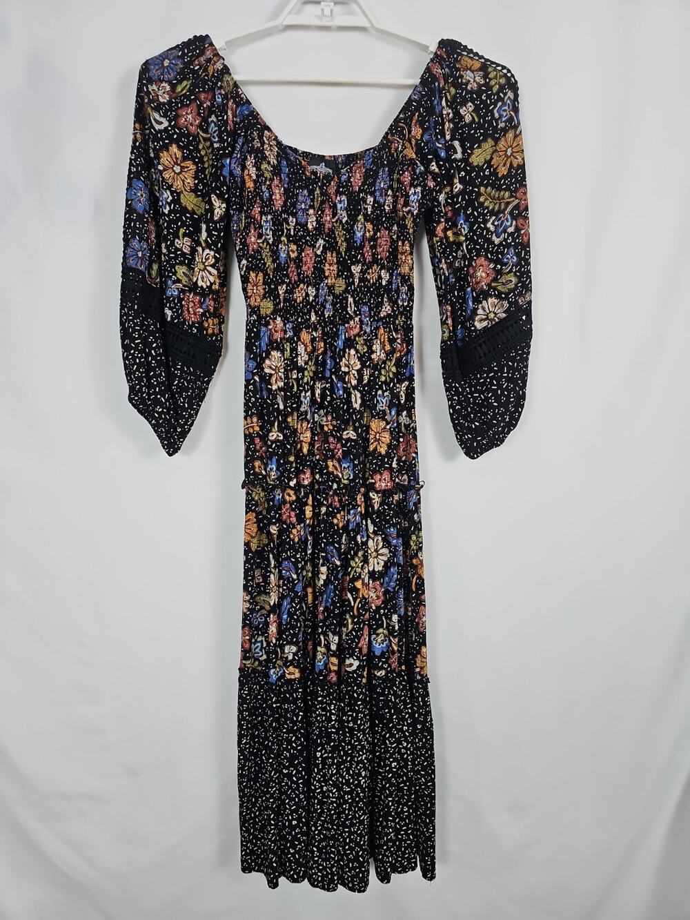 Angie Smocked Maxi Dress M Black Floral Rayon Crochet Off Shoulder Boho Tiered
